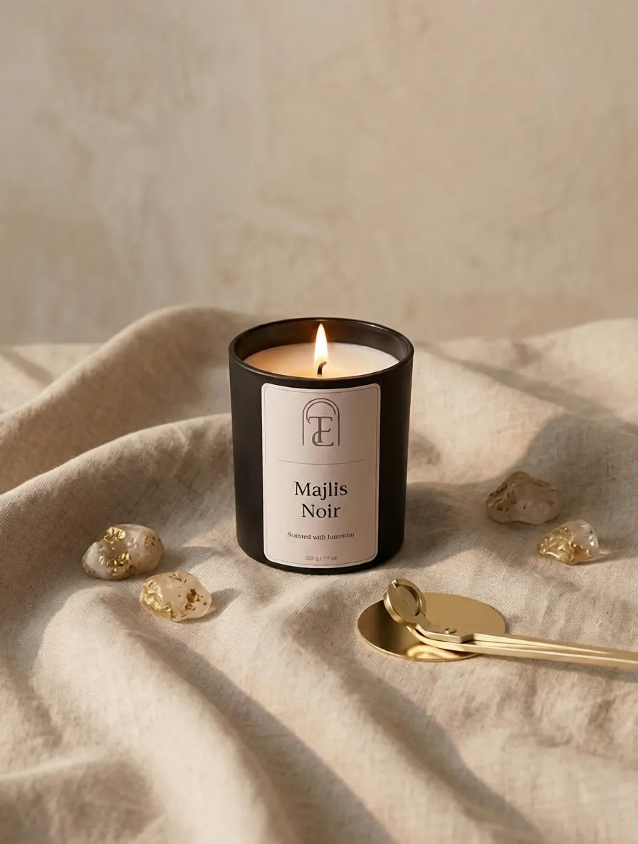Natural soy wax and essential oil ingredients used in Tayyib Essence hand-poured scented candles